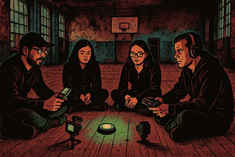 ghost hunting team finding evidence in a haunted school gymnasium