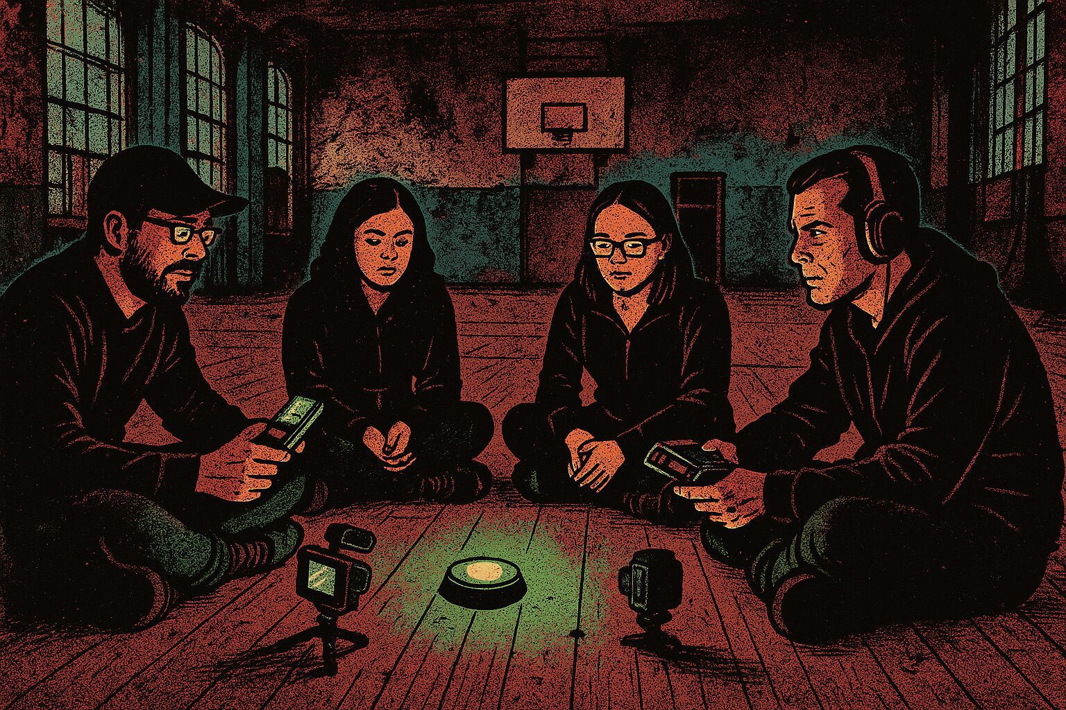 ghost hunting team finding evidence in a haunted school gymnasium