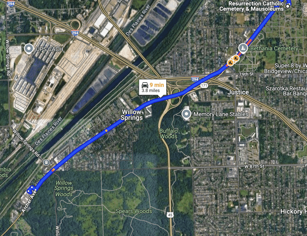 map of resurrection mary ghost walking along archer avenue from willowbrook ballroom to resurrection cemetery