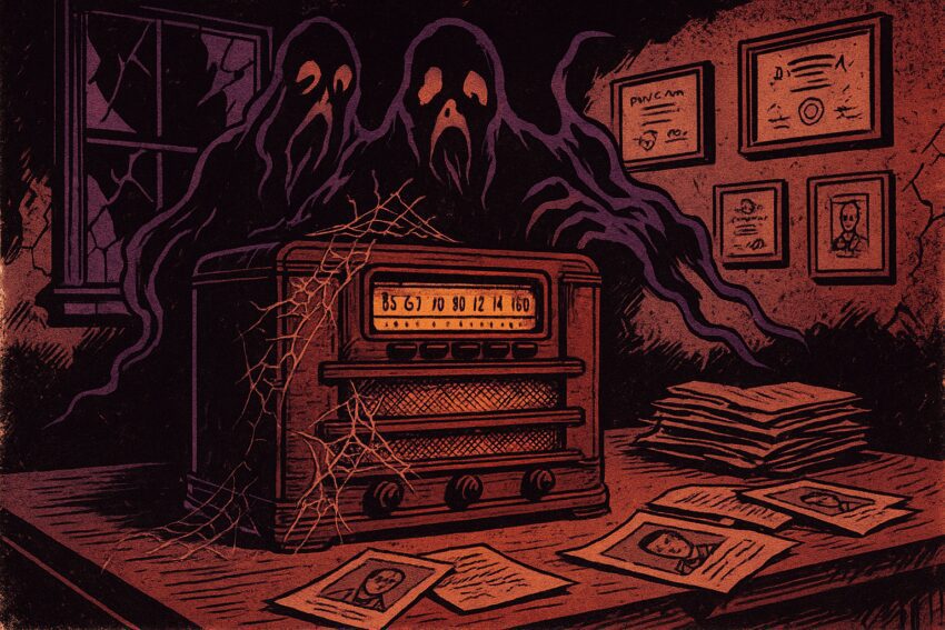 ghosts hover behind a haunted radio in a mad doctor's office with patient files strewn about
