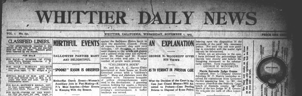 spooky season phrase used in whittier california in 1905